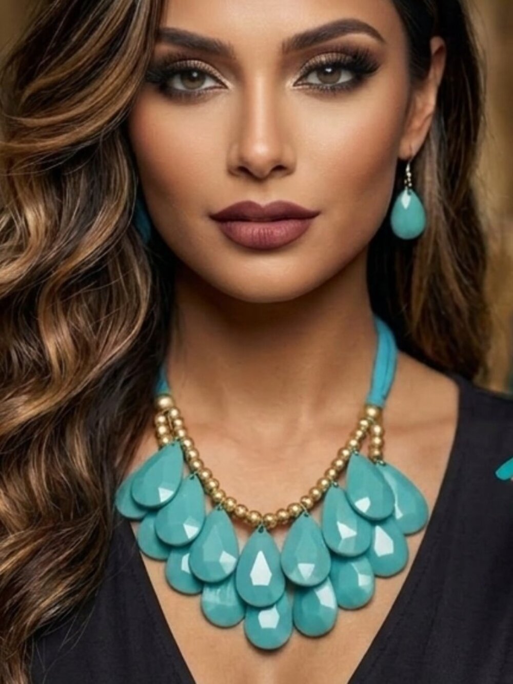 New! Statement Turquoise Teardrop Bib Necklace with Matching Earrings